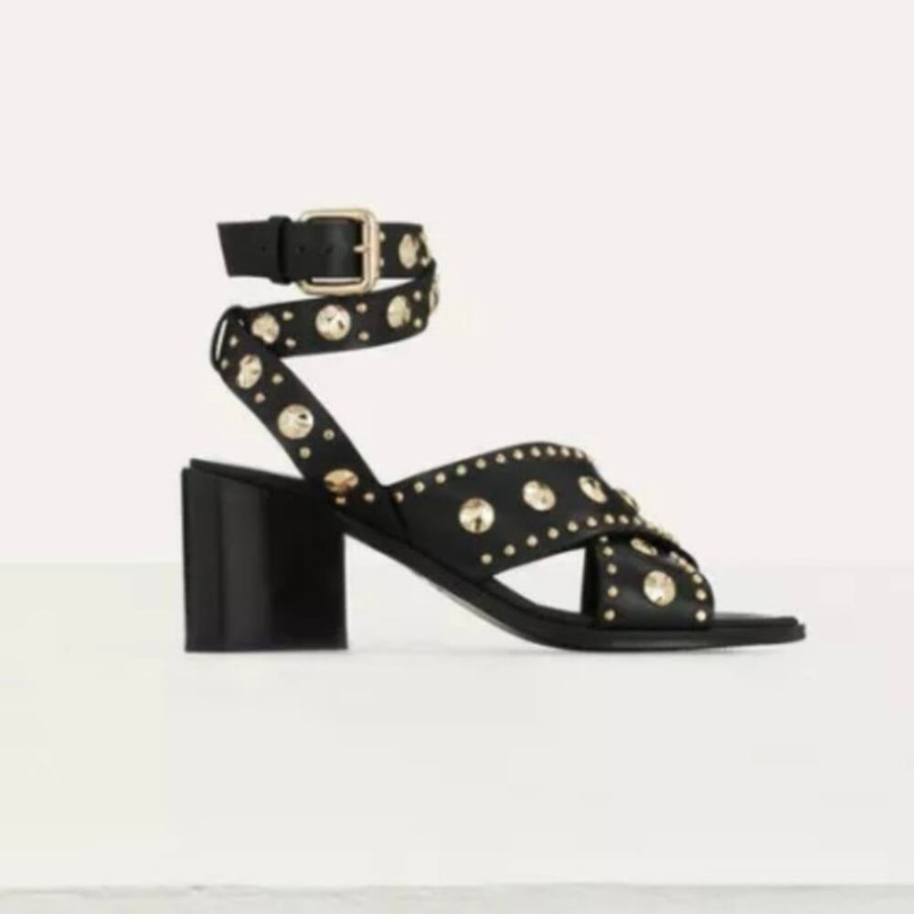 Maje Fiona sandals black leather gold silver studs ankle wrap sz 39